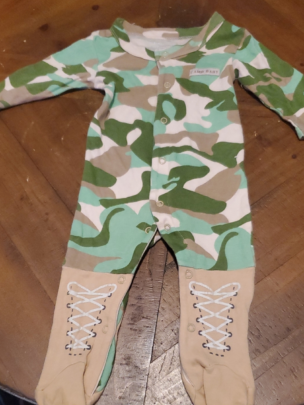 Baby Aspen Camo Footed One-Piece in Green, Tan & White